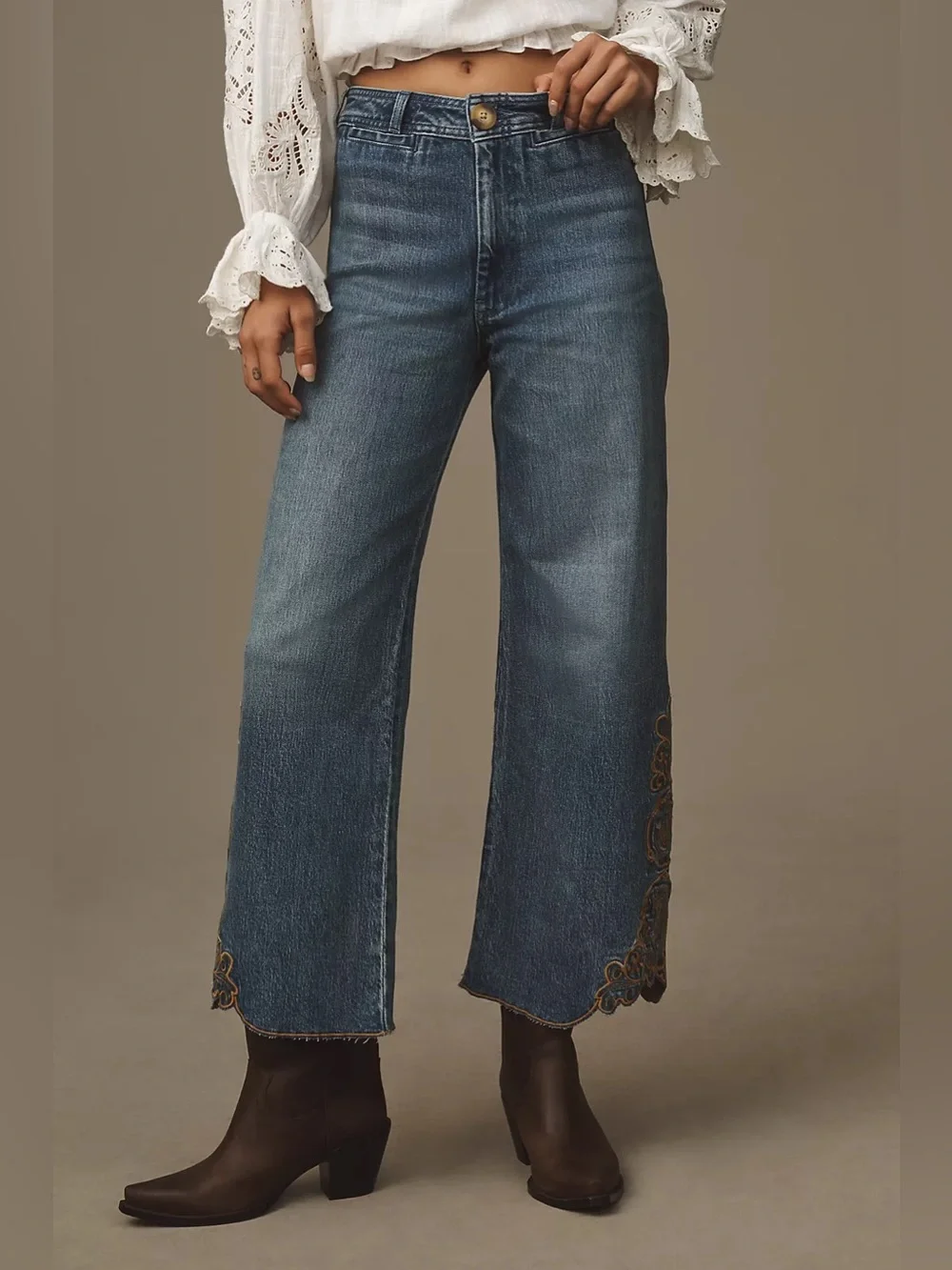 Maeve Anthropologie The Ettie High Rise Embroidered Wide Leg Crop Jeans 33 TALL - Picture 2 of 10